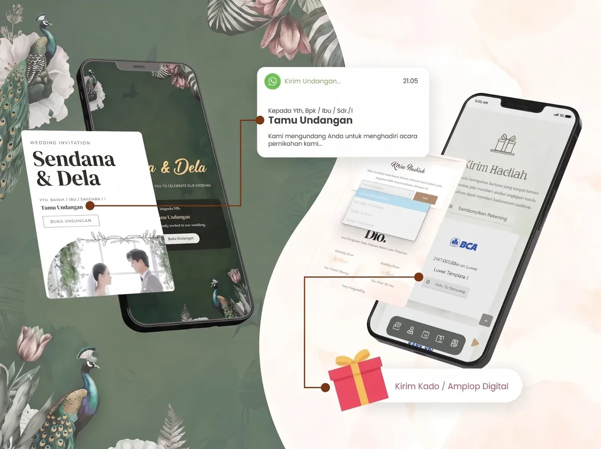 Kolase contoh undangan digital Eevent.id pada website dan smartphone dengan beragam desain pernikahan